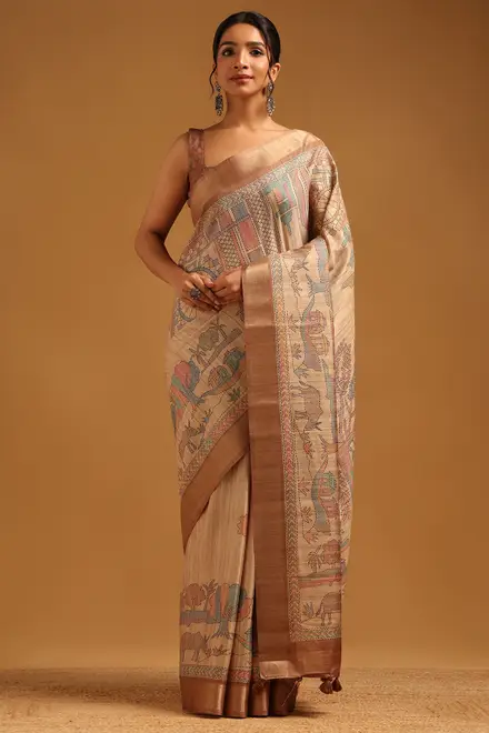 beige tussar ethnic motifs saree womens soch